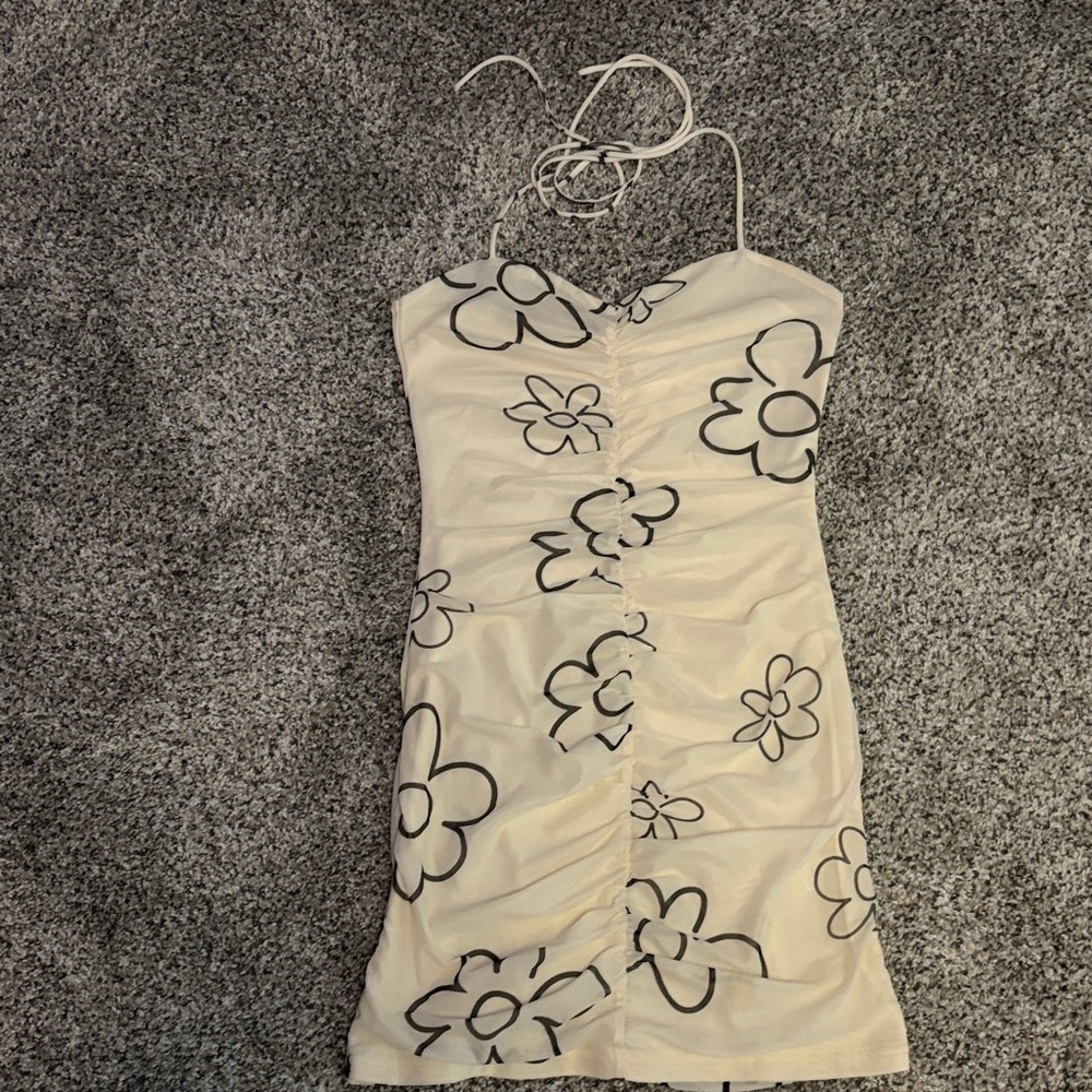 Bailey Rose. Cream Floral Halter Ruched Mini Dress